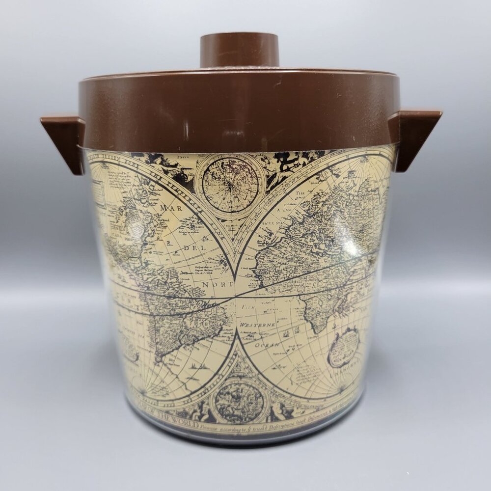 Vintage Thermo-Serv West Bend USA Brown Lid Ice Bucket With World Map Design - Picture 10 of 15